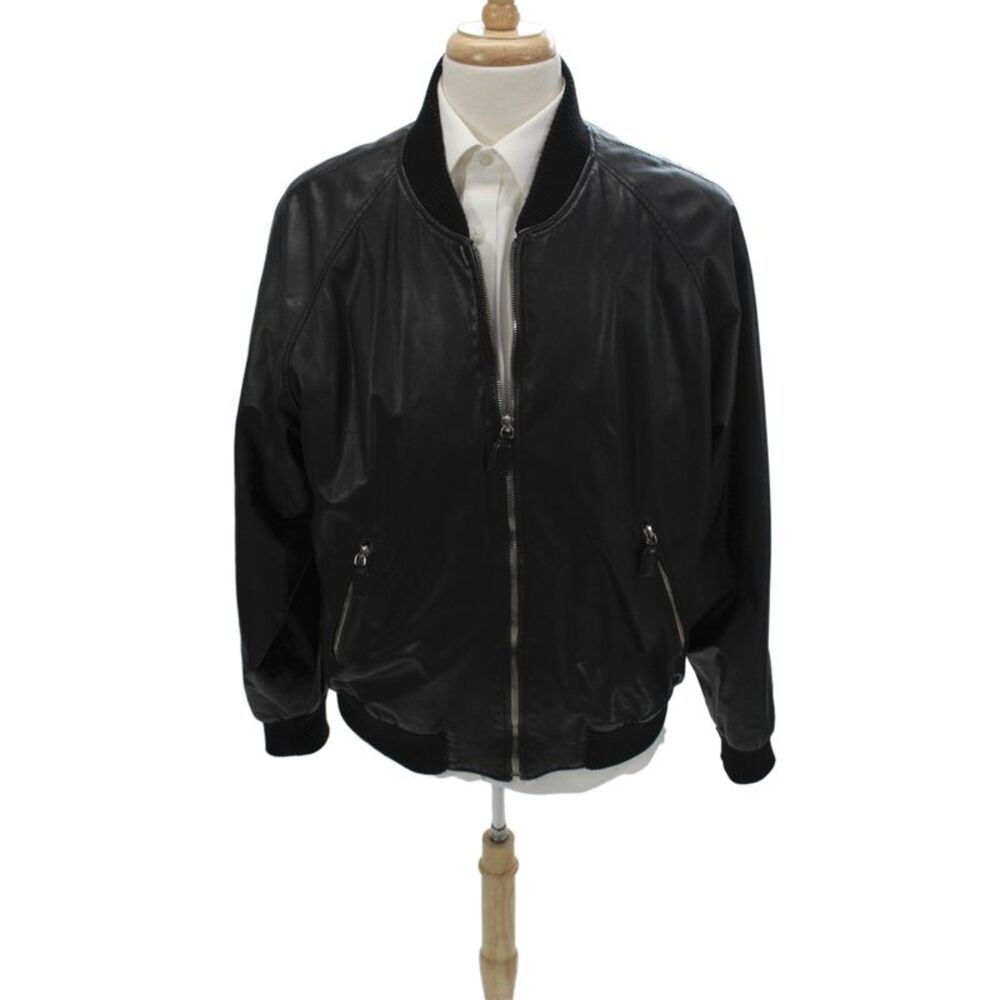 Prada Mens Bomber Jacket Black Leather Zip Collared Size 50